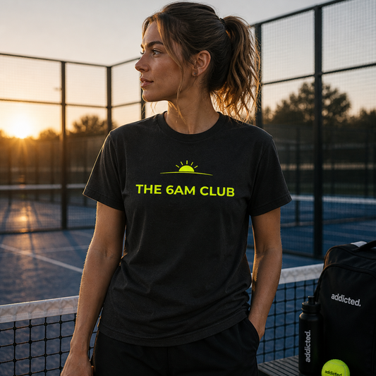 Woman wearing a 'The 6AM Club' t-shirt on a tennis court at sunset.