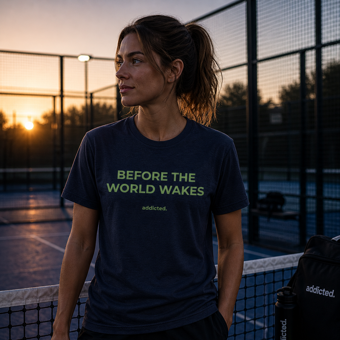 Woman on a padel court wearing a 'Before the World Wakes' t-shirt with a sunset in the background.