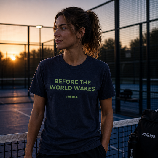Woman on a padel court wearing a 'Before the World Wakes' t-shirt with a sunset in the background.
