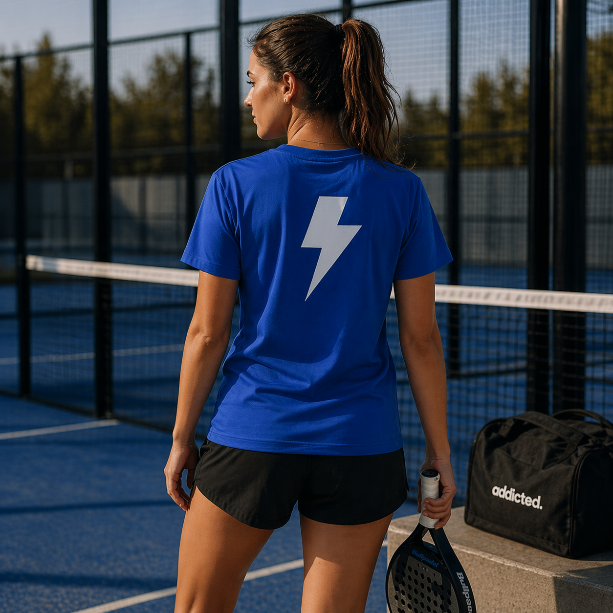 lady on padel court wearing electric blue lightning bolt tshirt