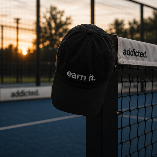 Black cap with 'earn it.' text on a tennis court at sunset