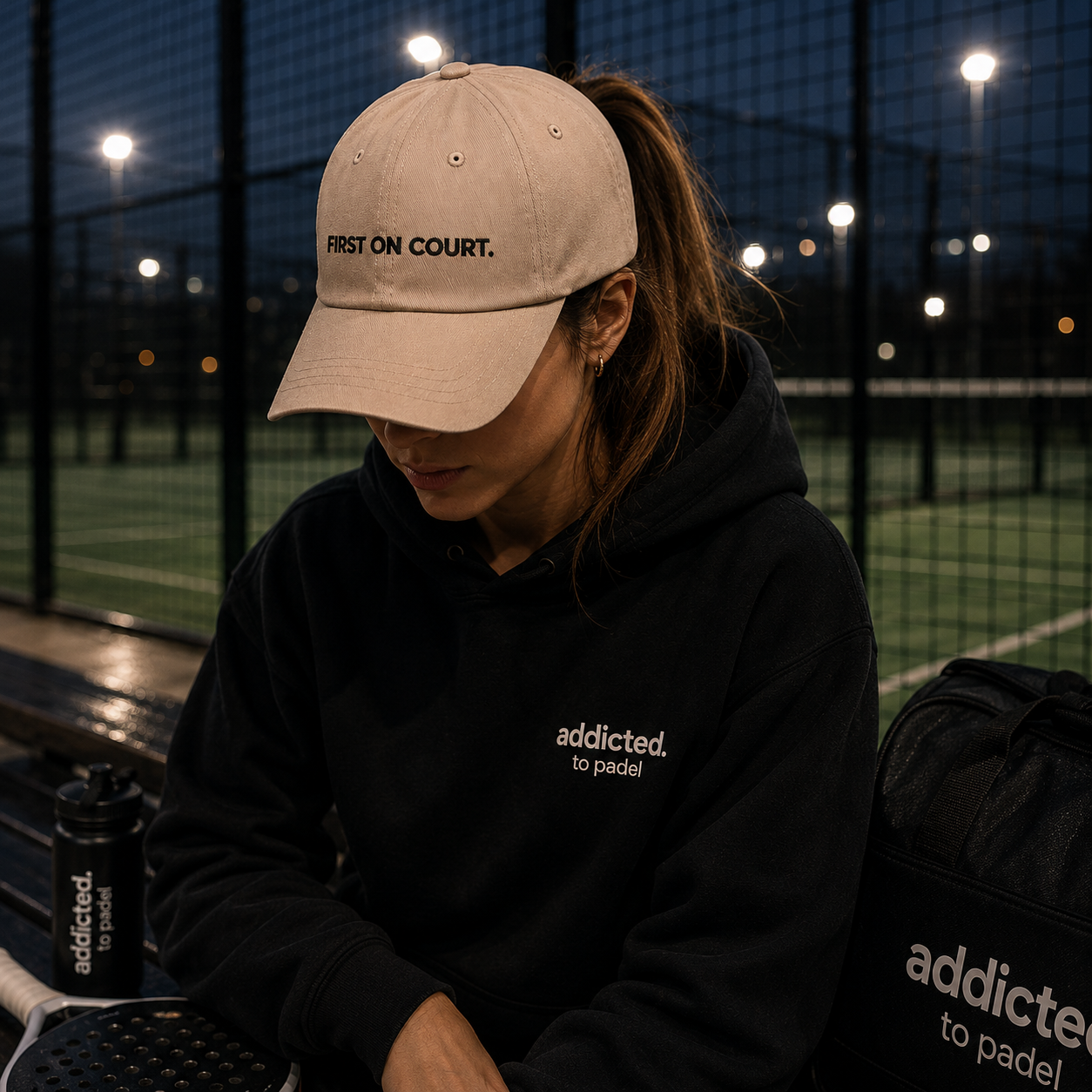Person wearing a beige cap and black hoodie with 'addicted to padel' branding on a padel court at night.