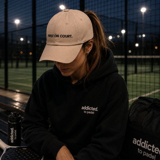 Person wearing a beige cap and black hoodie with 'addicted to padel' branding on a padel court at night.