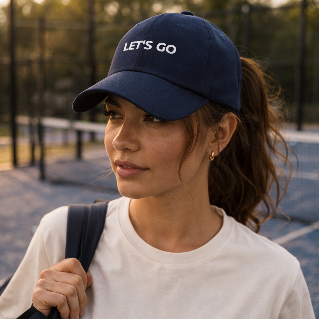 Woman wearing a navy blue cap with 'LET'S GO' text on a sports court.
