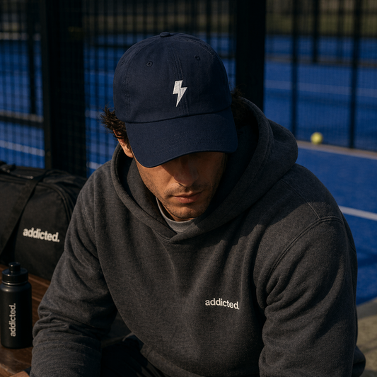 Man wearing a navy cap with a white logo and gray 'addicted' hoodie on a blue court.