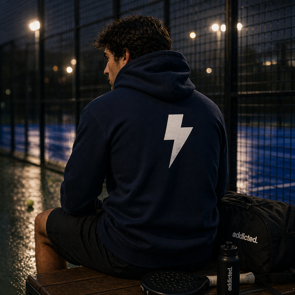 padel player sat next to court in a lightning bolt hoodie