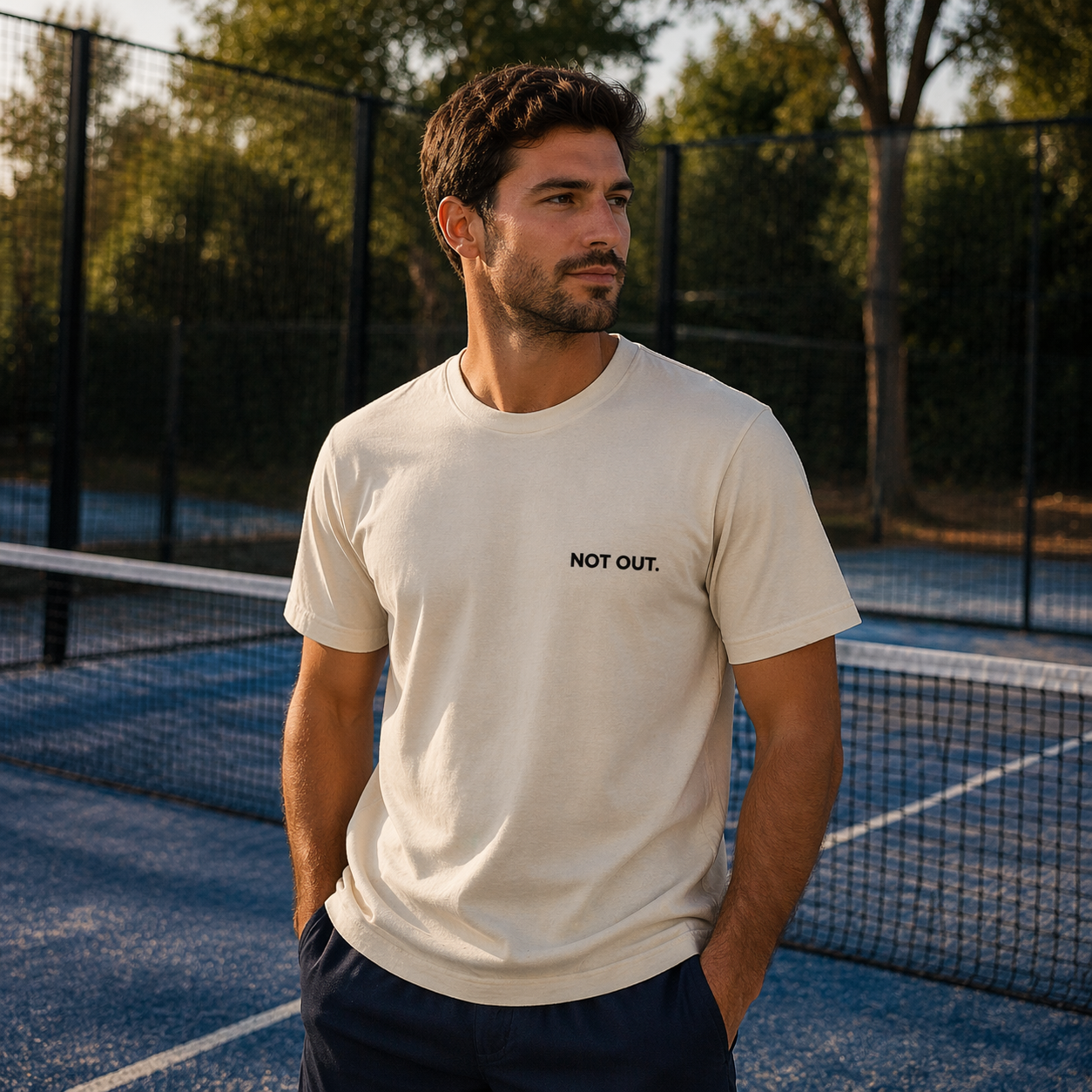 Man wearing a white t-shirt with 'NOT OUT.' on a tennis court