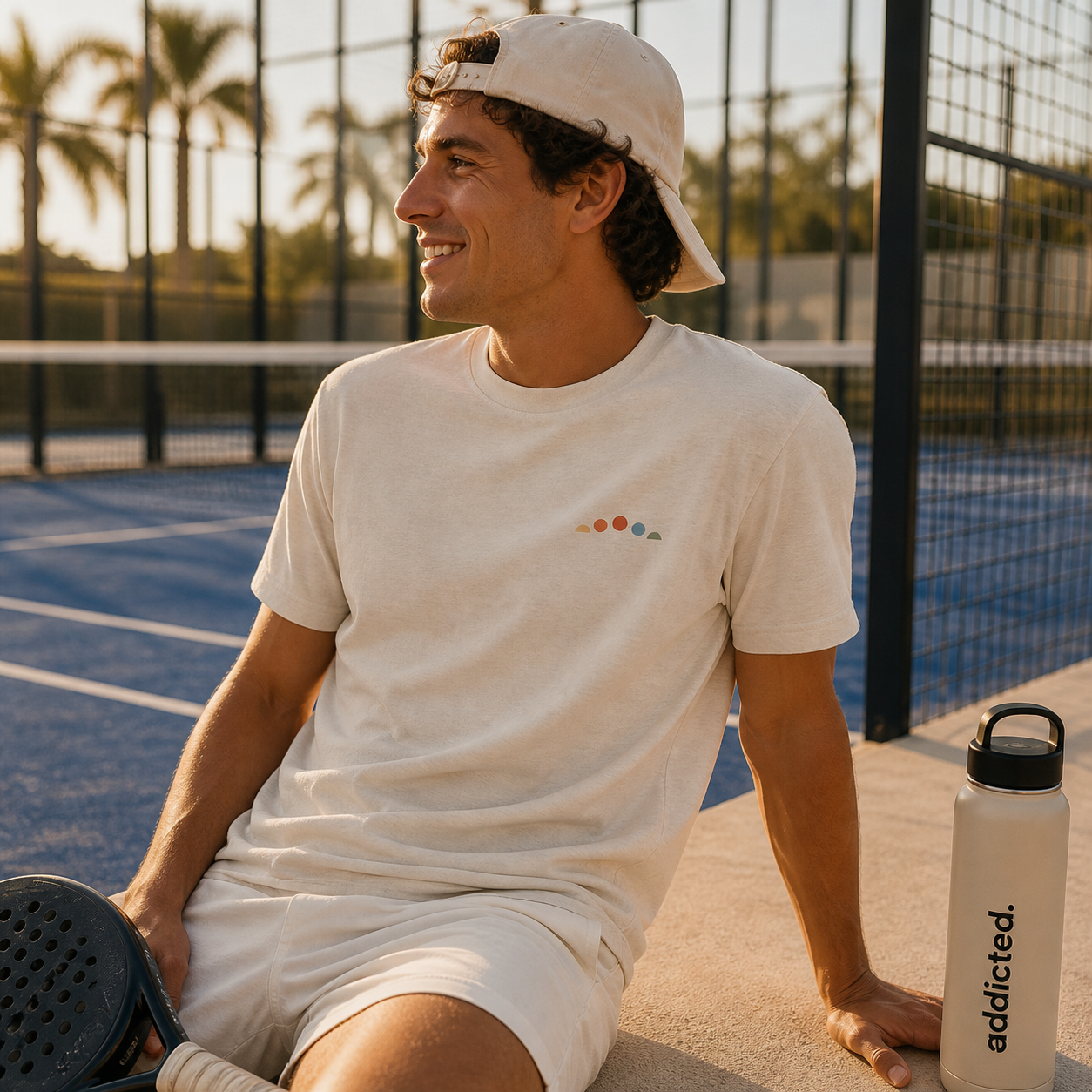 Man sitting on a tennis court with a water bottle, wearing a white t-shirt and shorts.