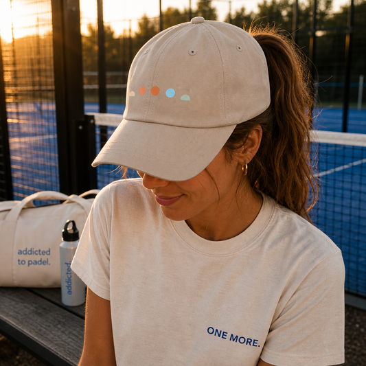 Woman wearing a beige cap and t-shirt with 'One More.' text on a padel court at sunset.