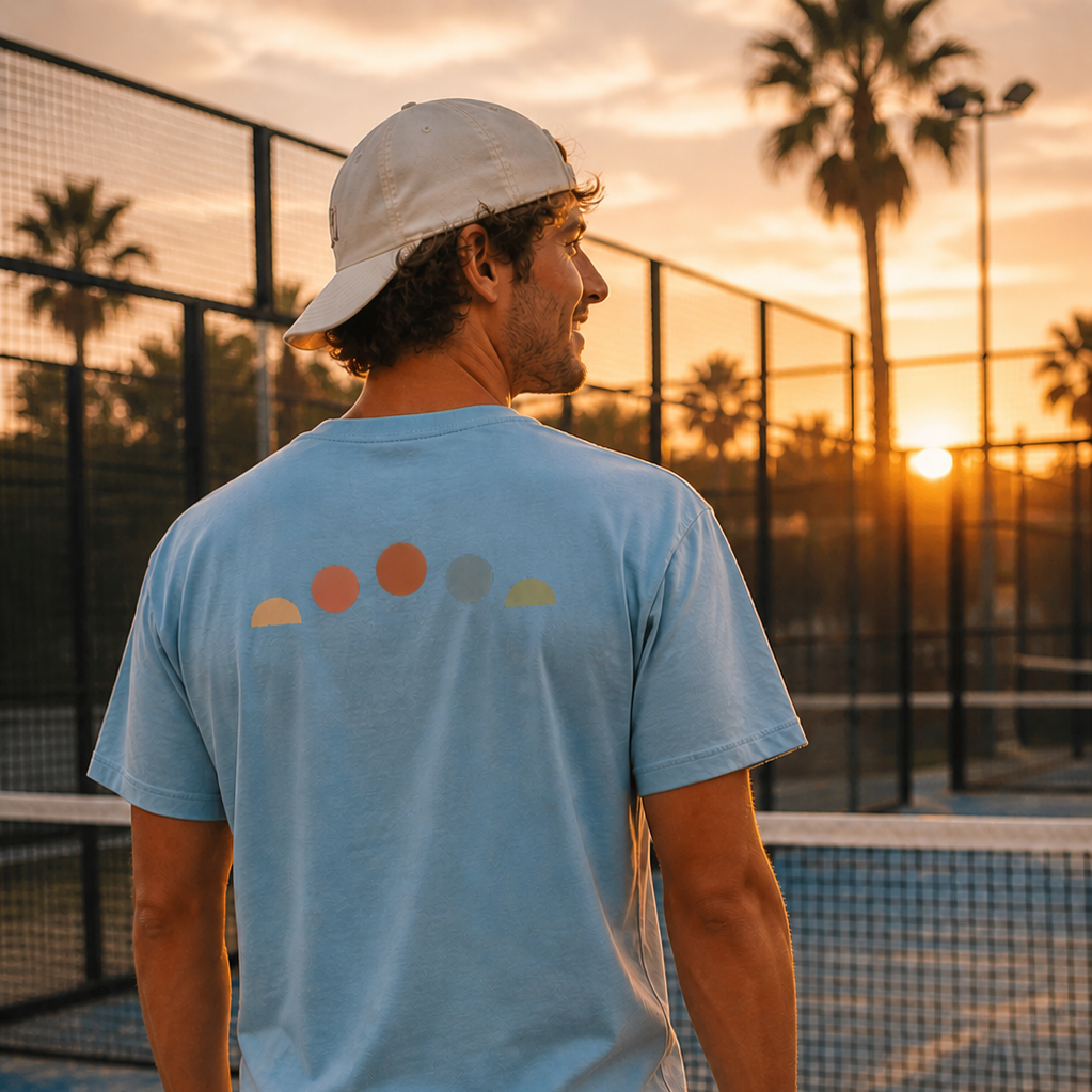 Person on a padel court holding a padel ball with a sunset in the background