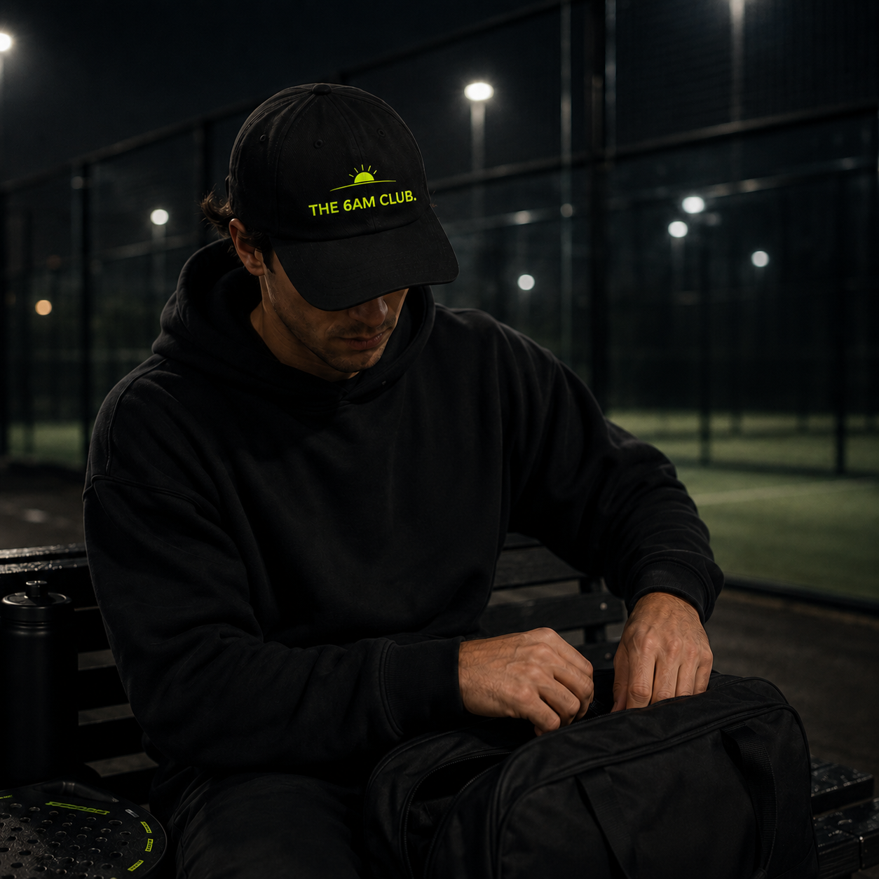 Person wearing a black cap with 'The 6AM Club' logo sitting on a bench at night.