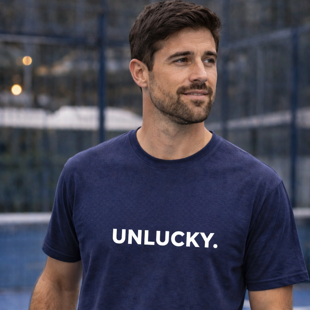 man on padel court wearing graphic tshirt