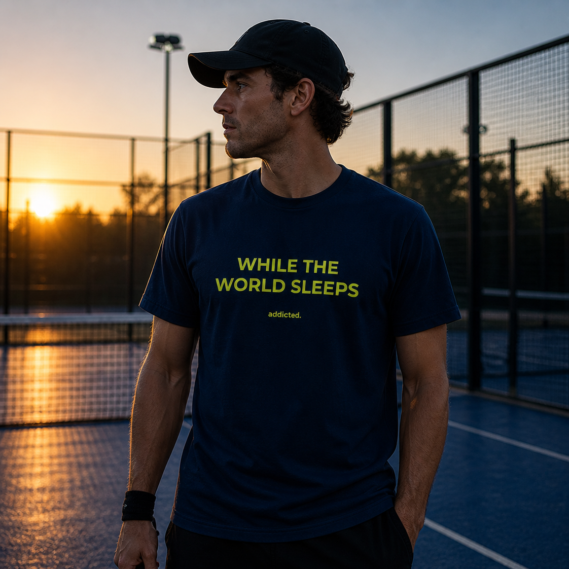 Man on a padel court at sunrise wearing a t-shirt with text