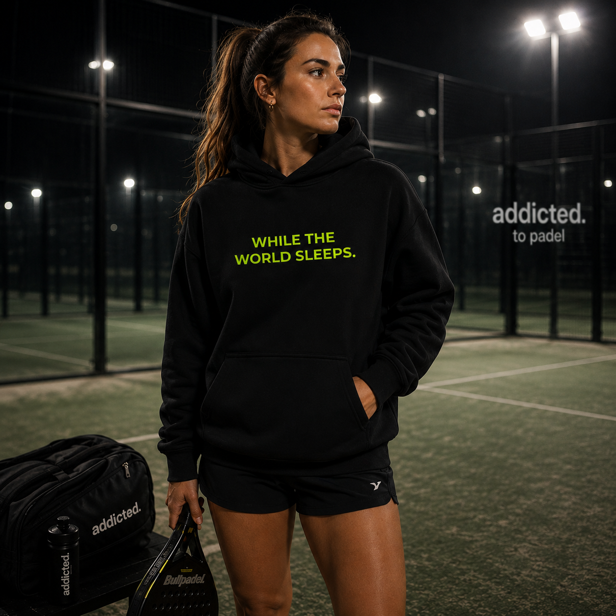 Woman wearing a black hoodie with yellow text on a padel court at night.