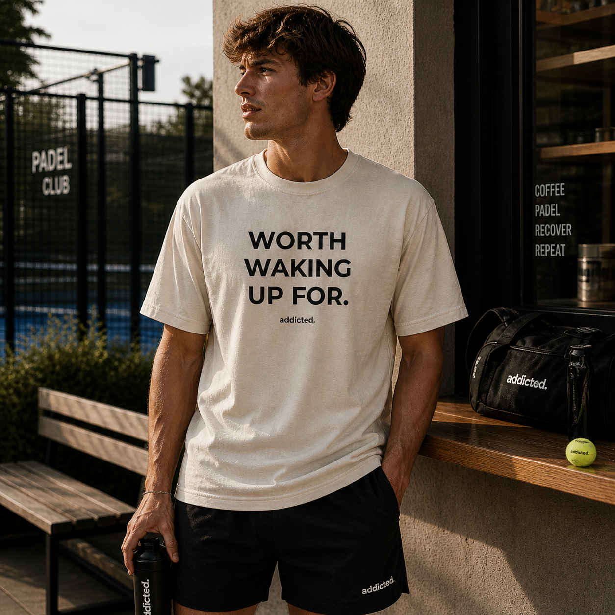 Man wearing a white t-shirt with 'WORTH WAKING UP FOR.' text, standing outdoors near a padel court