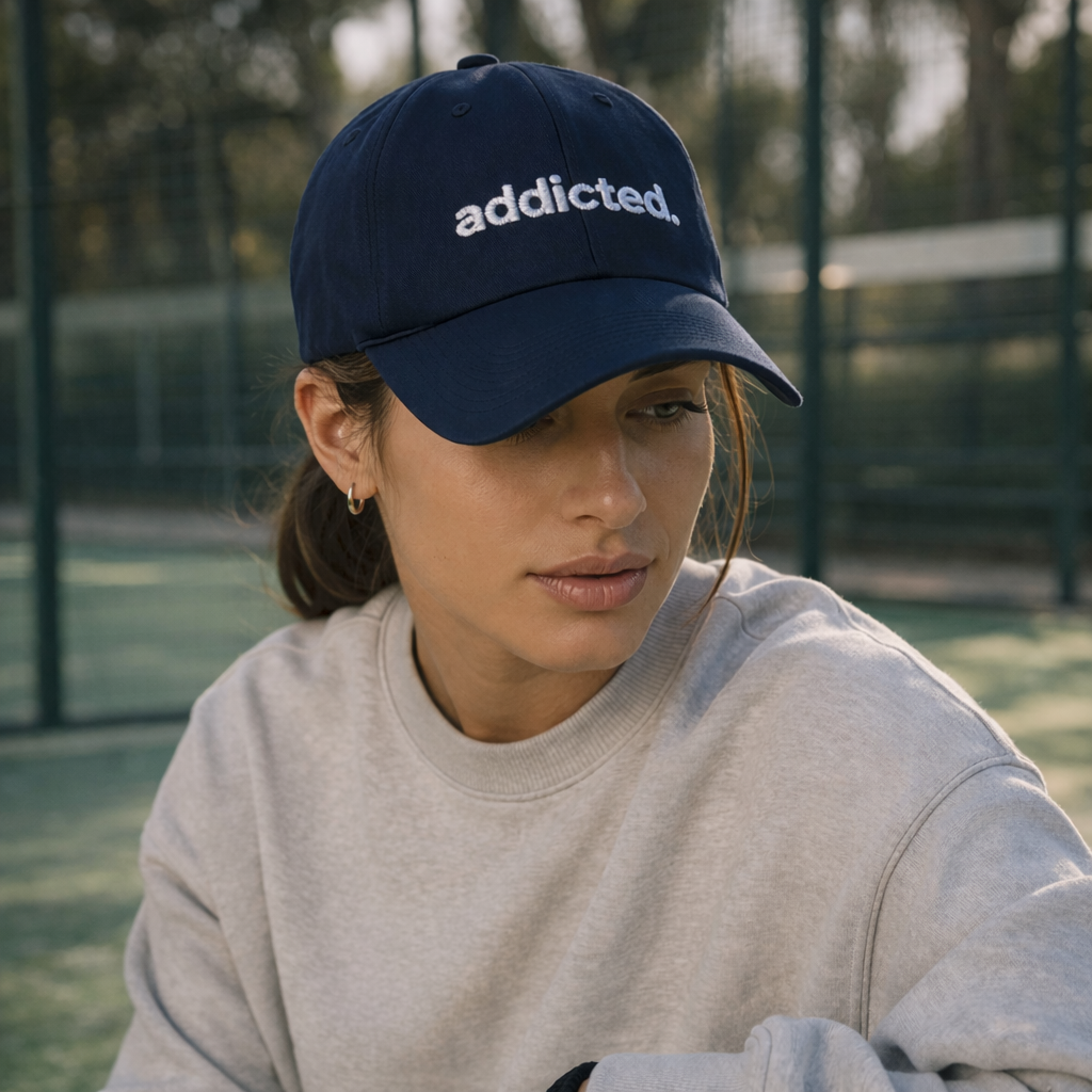 Person wearing a navy blue cap with 'addicted' text on a blurred outdoor background