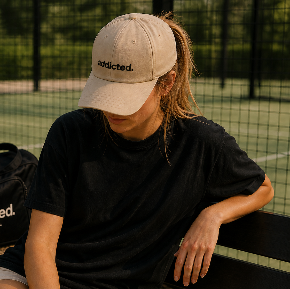lady outside padel court wearing addicted. stone baseball cap