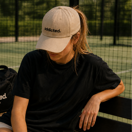 lady outside padel court wearing addicted. stone baseball cap