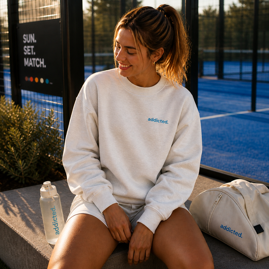 Woman sitting on a padel court wearing an 'addicted.' sweatshirt with a duffel bag next to her.
