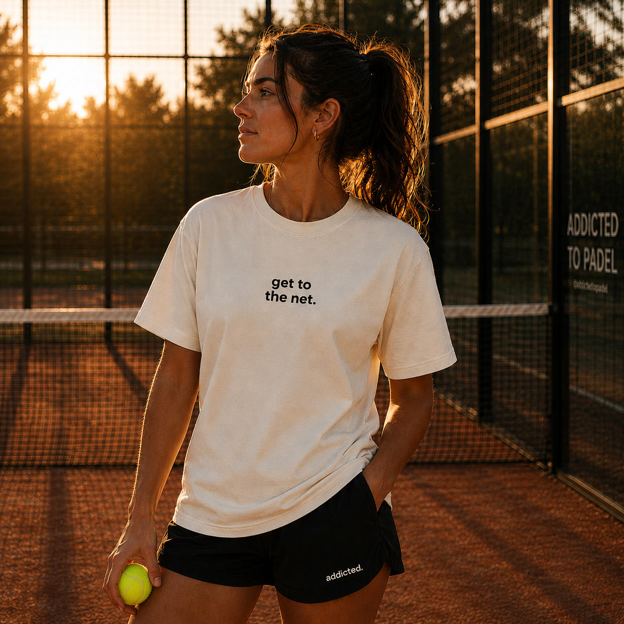 Woman holding a tennis ball on a tennis court with sunset lighting