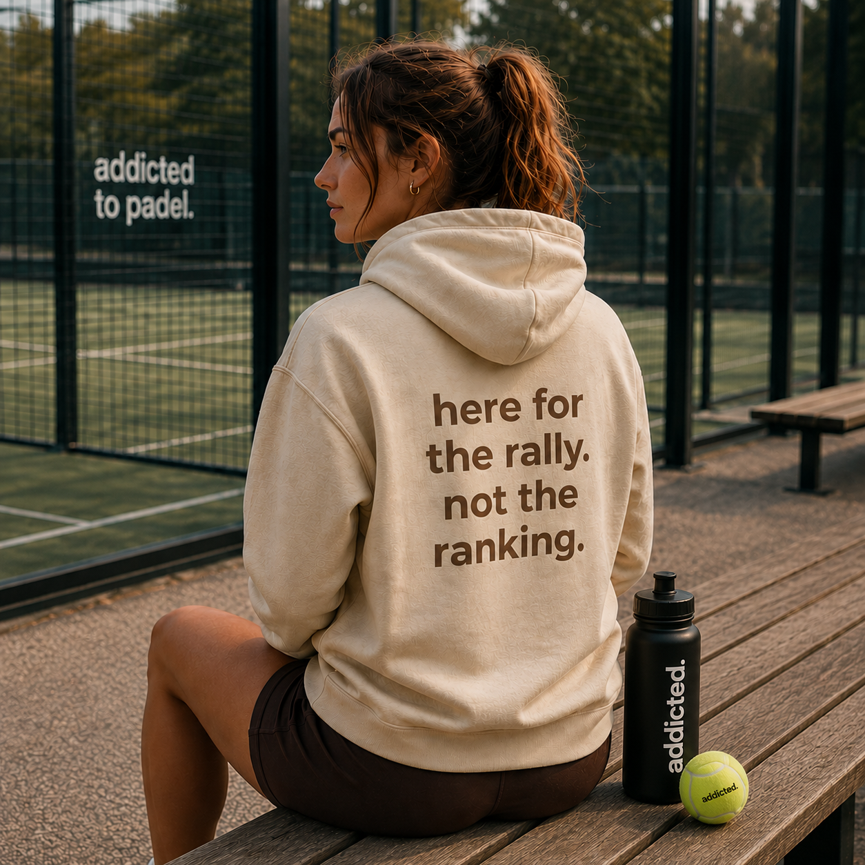 Person wearing a hoodie with a message on a padel court