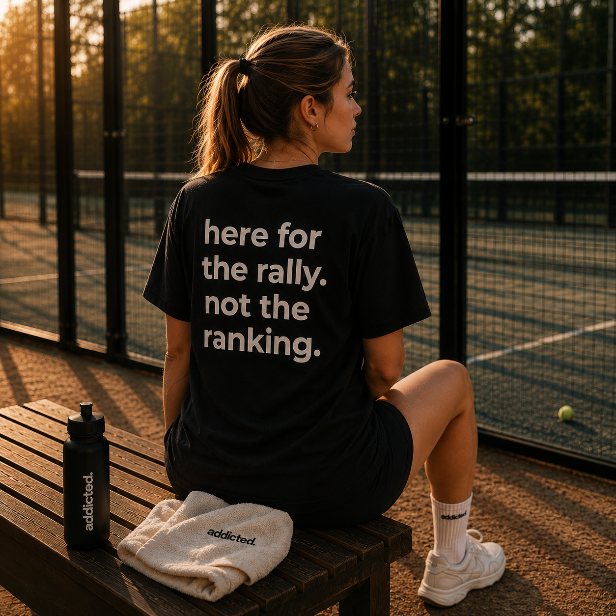 Person sitting on a bench with a t-shirt reading 'here for the rally. not the ranking.' on a tennis court.