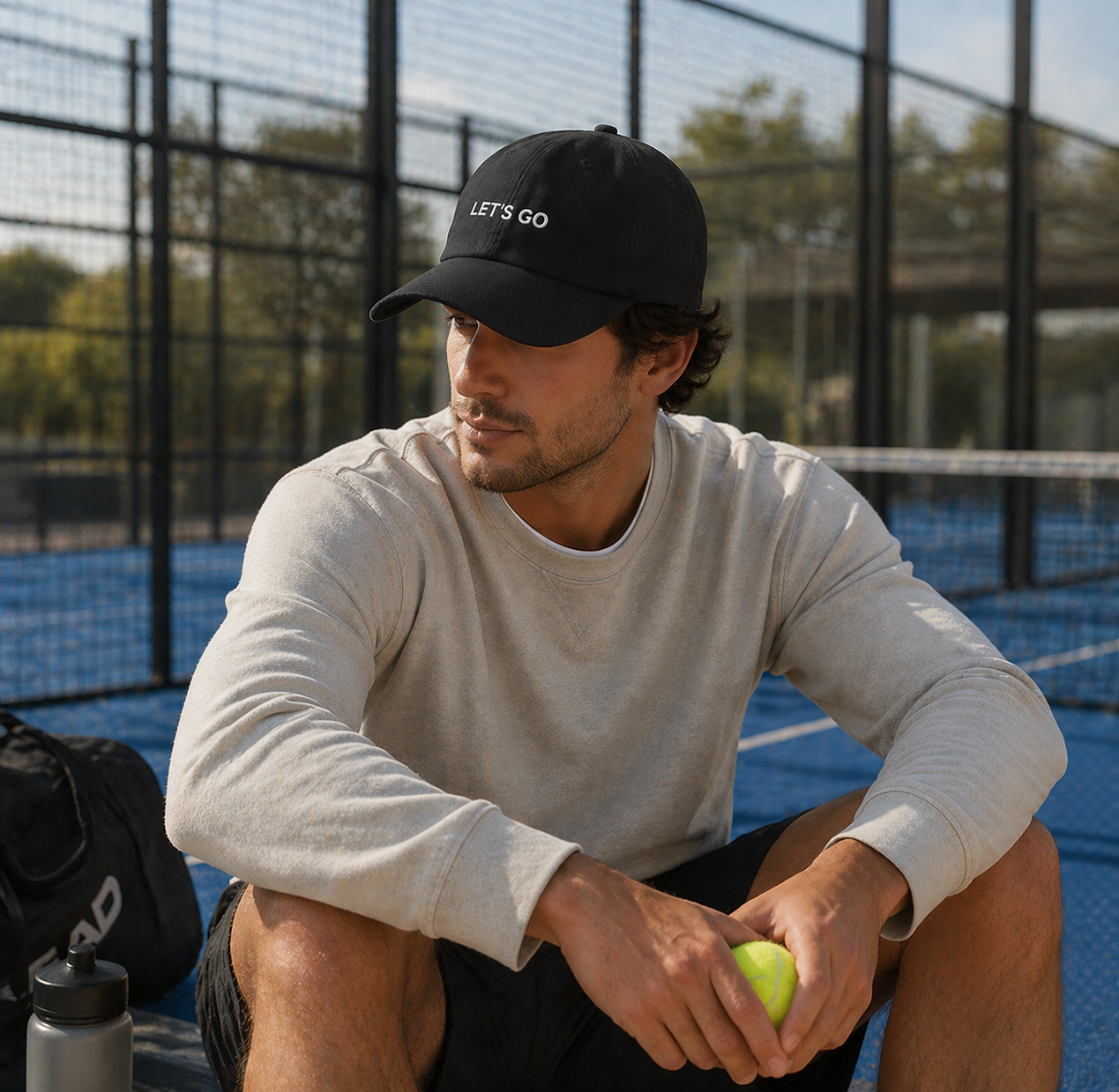 man sat by padel court with a let's go baseball cap