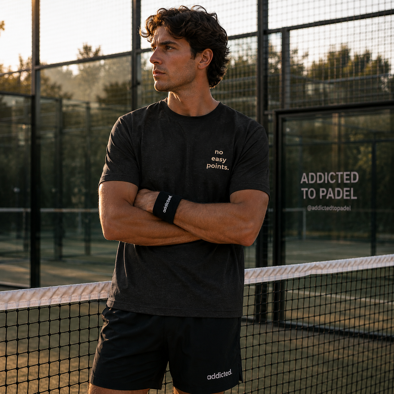 Man standing on a padel court with 'Addicted to Padel' branding in the background