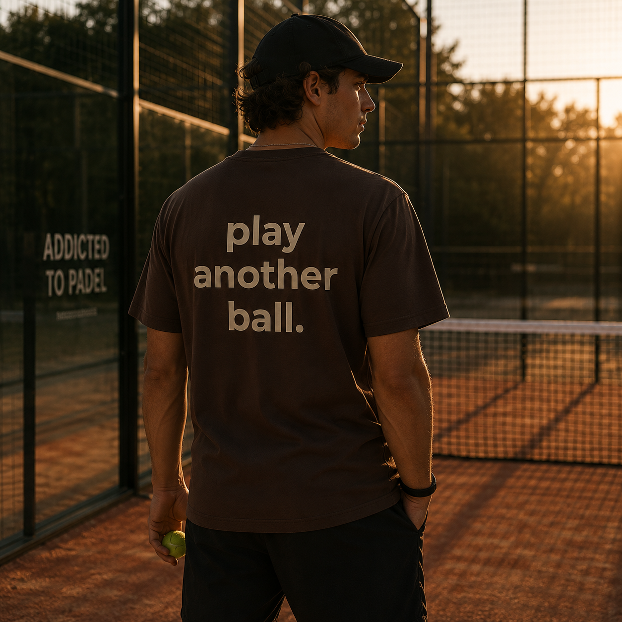 Person on a tennis court wearing a t-shirt with 'play another ball' text.