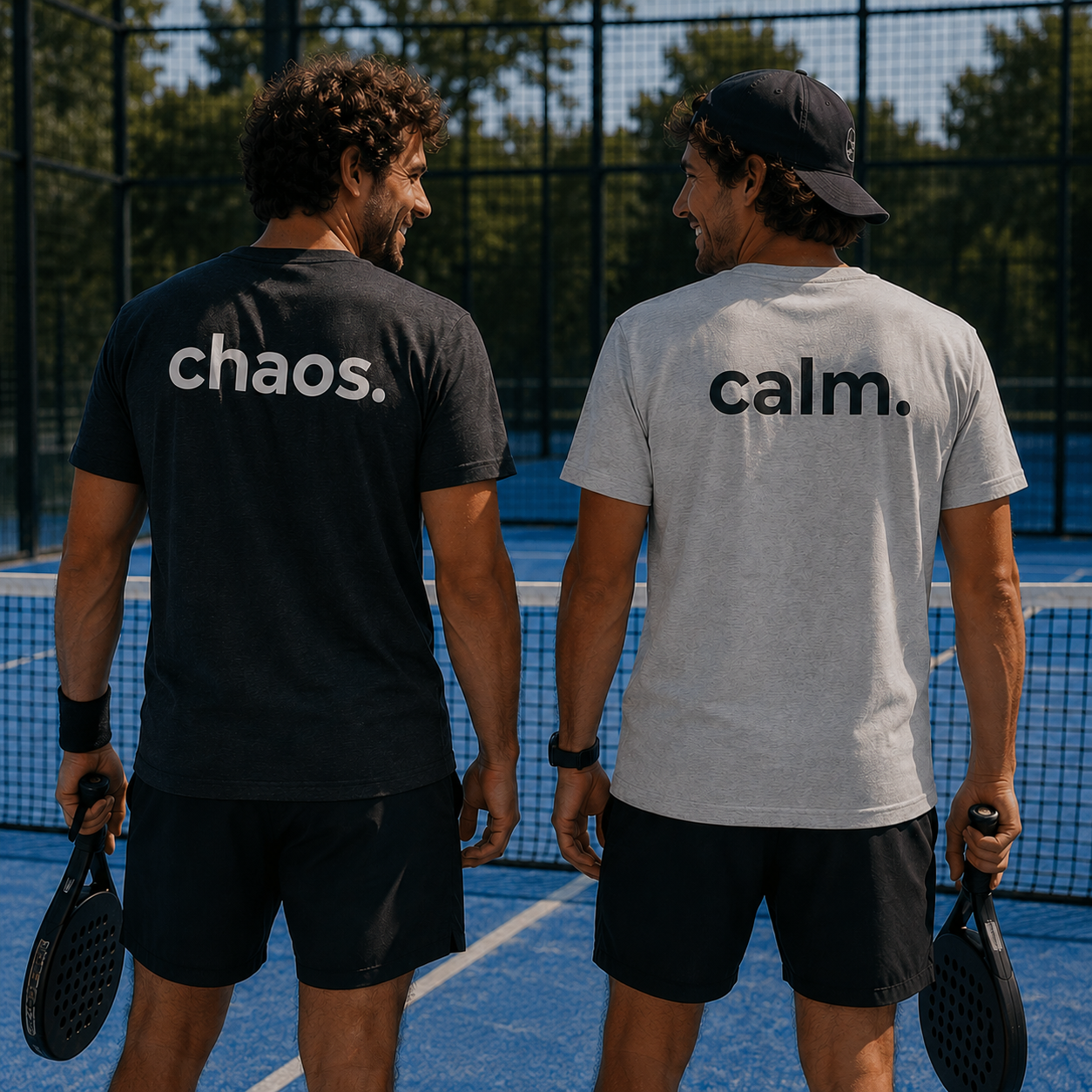 Two people on a tennis court, one wearing a black 'chaos.' shirt and the other in a gray 'calm.' shirt.