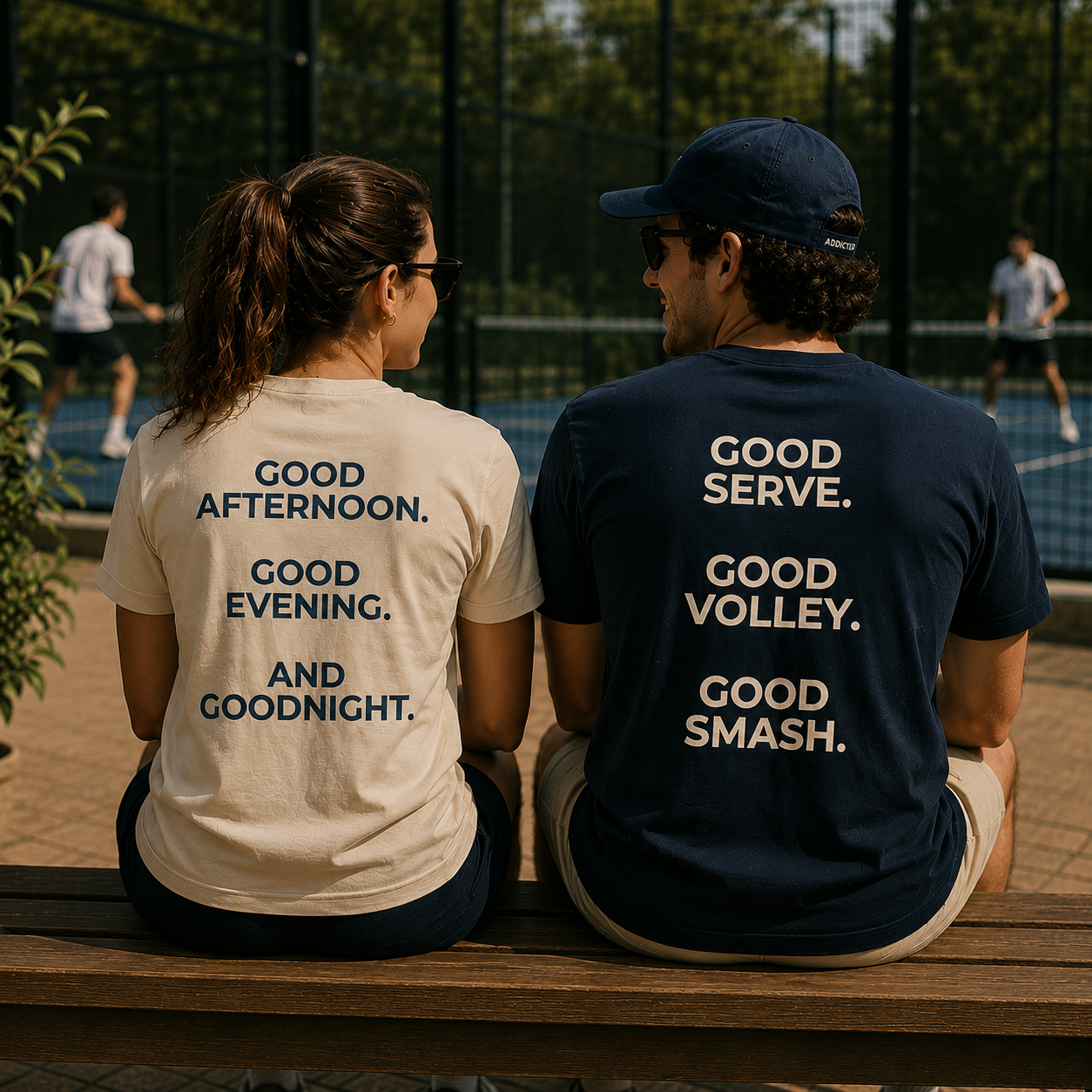 Two people sitting on a bench with tennis-themed shirts at a tennis court.